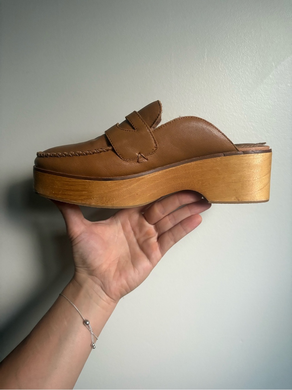 Kelsi Dagger Tan Leather wood Platform Mule Clog - Picture 2 of 5